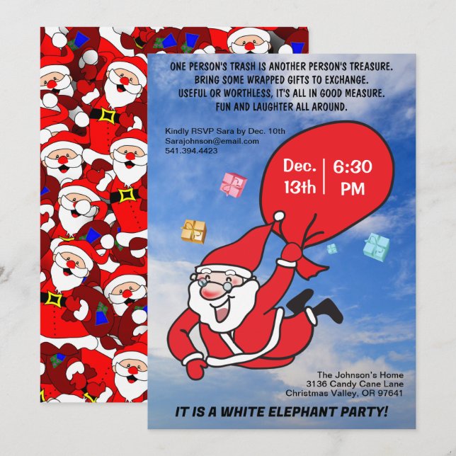 Flying Santa Blue Sky White Elephant Party Invitation (Front/Back)