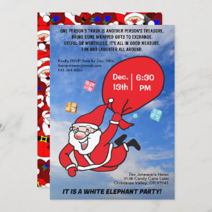 Flying Santa Blue Sky White Elephant Party Invitation