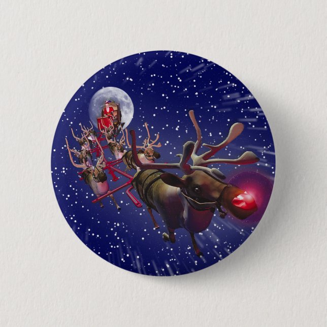 Flying Santa Claus Red Nosed Reindeer Button (Front)