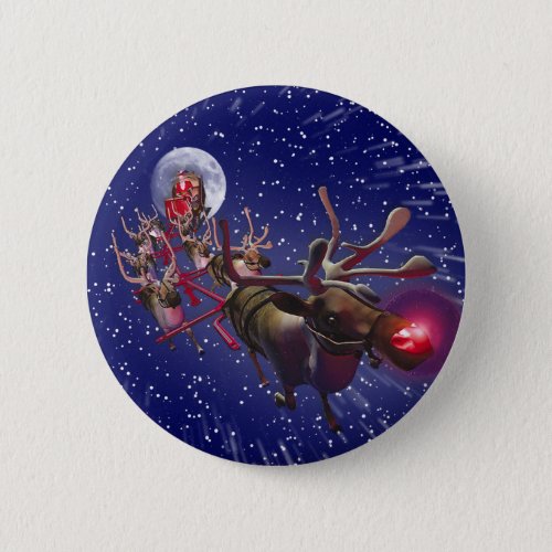 Flying Santa Claus Red Nosed Reindeer Button