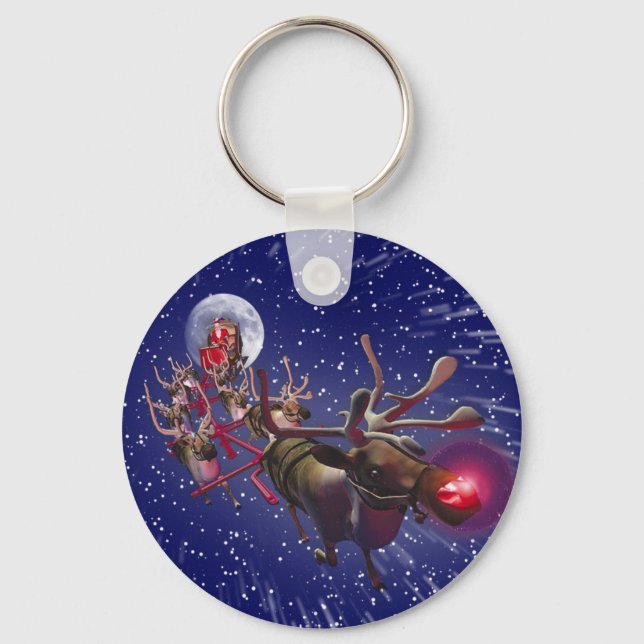 Flying Santa Claus Red Nosed Reindeer Keychain (Front)
