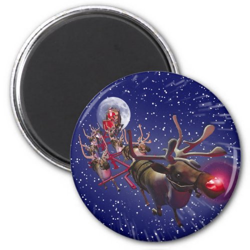 Flying Santa Claus Red Nosed Reindeer Magnet