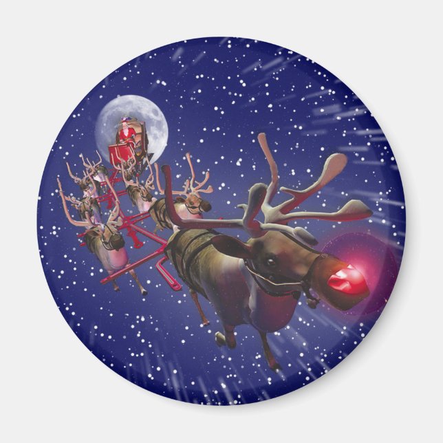 Flying Santa Claus Red Nosed Reindeer Magnet (Front)