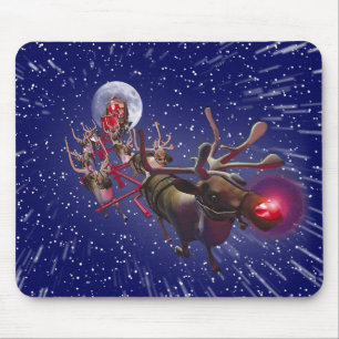 Flying Santa Claus Red Nosed Reindeer Mouse Pad