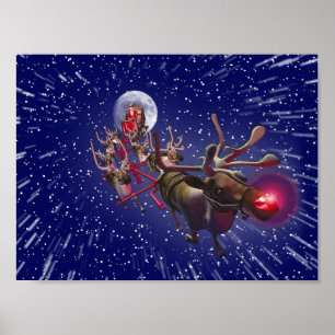 Flying Santa Claus Red Nosed Reindeer Poster