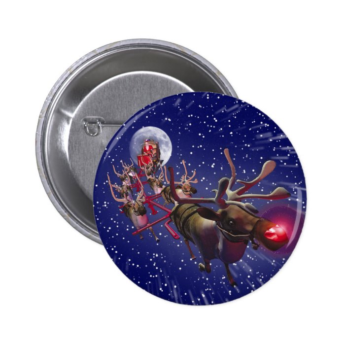 Flying Santa Claus & Rudolph, Red Nosed Reindeer Pinback Button