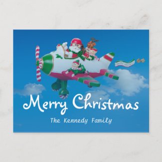 Flying Santa Claus with Elves in Airplane Holiday Postcard