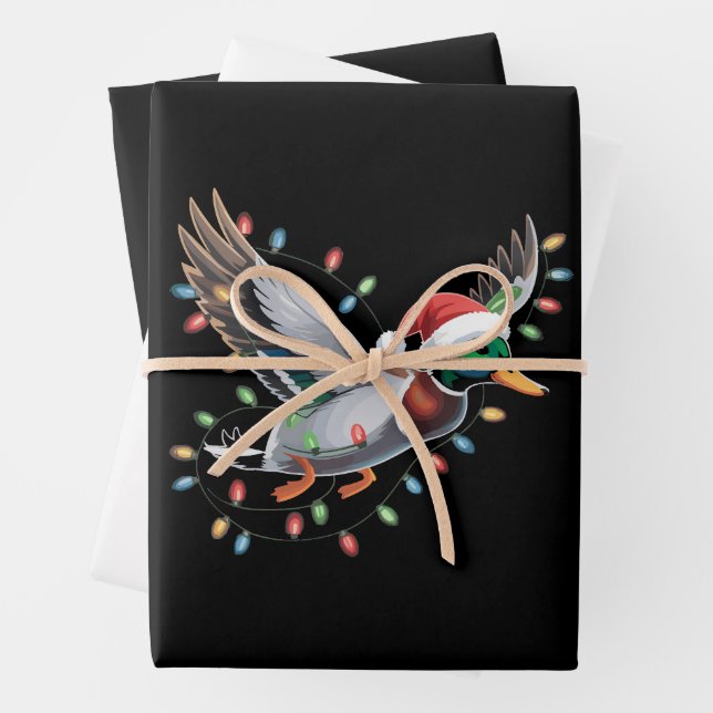 Flying Santa Duck Christmas Lights Hunting Season Wrapping Paper Sheets (In situ)