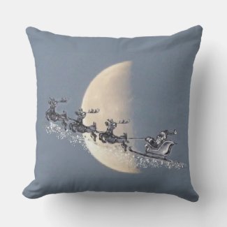 Flying Santa in Reindeer-Sled Christmas Pillow