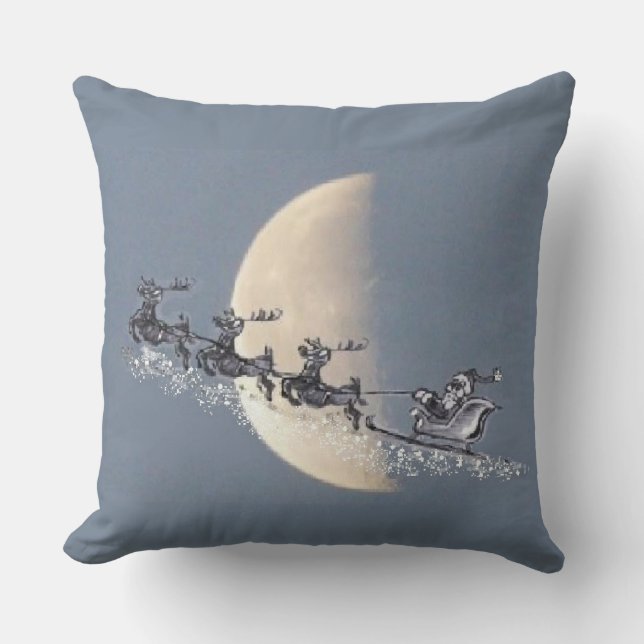 Flying Santa in Reindeer-Sled Christmas Pillow (Front)