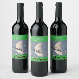 Flying Santa in Reindeer-Sled Christmas Wine Label