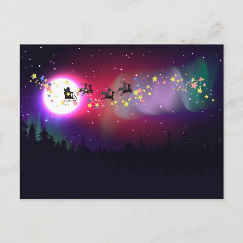 Flying Santa over Aurora Borealis Holiday Postcard