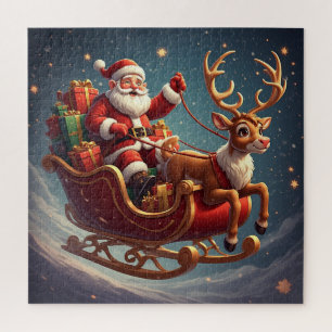 Flying Santa Sleigh Christmas Night Jigsaw Puzzle