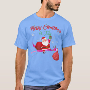 Flying Santa with flamingo Merry Christmas in july T-Shirt