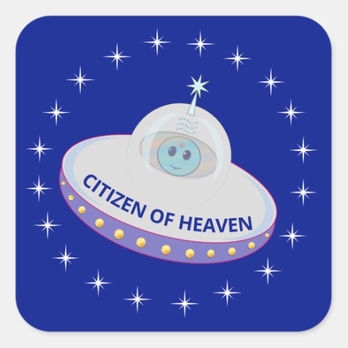 Flying saucer alien and stars on royal blue square sticker