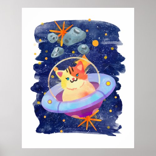 Flying Saucer Cat Astro Space Stars Asteroid Kids  Poster