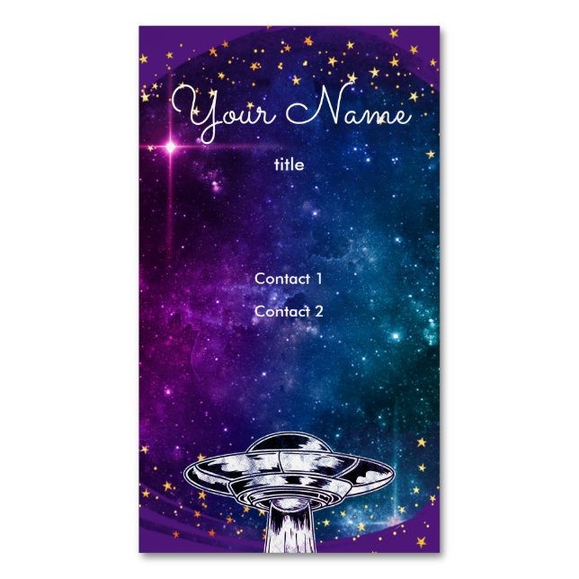 Flying   saucer  in the purple artistic galaxy  bu business card magnet (Front Vertical)