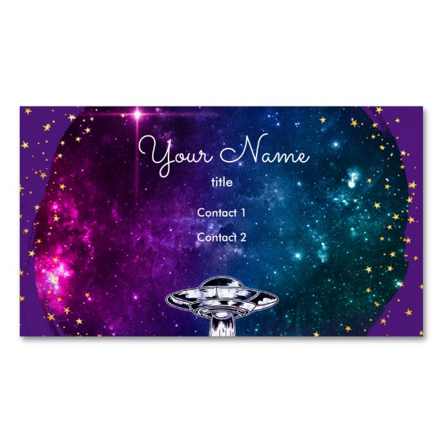 Flying   saucer  in the purple artistic galaxy business card magnet (Front)