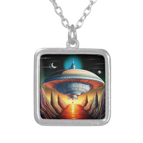 Flying Saucer Mothership  Silver Plated Necklace