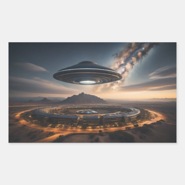Flying Saucer Over Circular City Rectangular Sticker (Front)