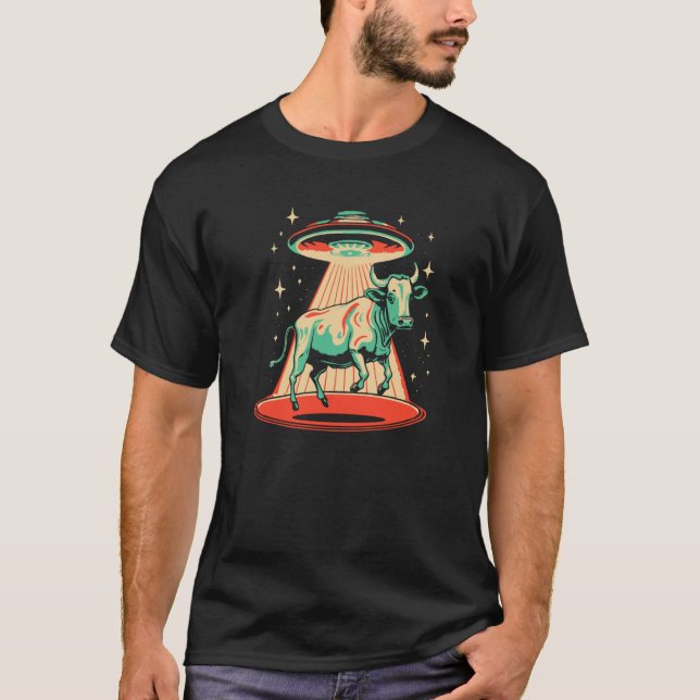 Flying Saucer UFO Cute Cow Abduction Retro 80s T-Shirt (Front)