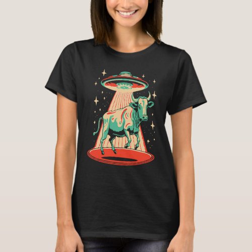 Flying Saucer UFO  Cute Cow Abduction Retro 80s T_Shirt