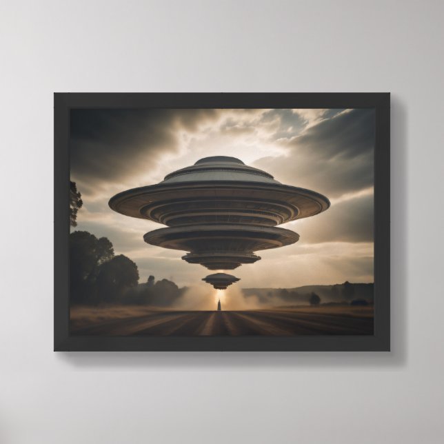 Flying Saucer UFO landing on a road Framed Art (Framed Front)