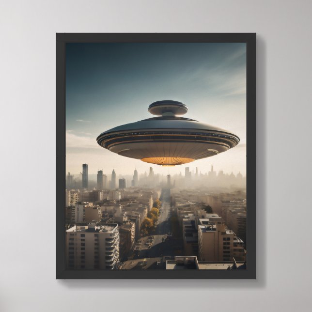 Flying Saucer UFO over a city Framed Art (Framed Front)