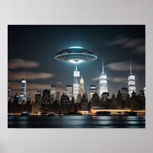 Flying Saucer UFO Over a City Poster