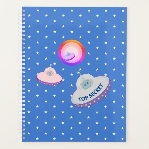 Flying saucers aliens  white stars on sky blue planner