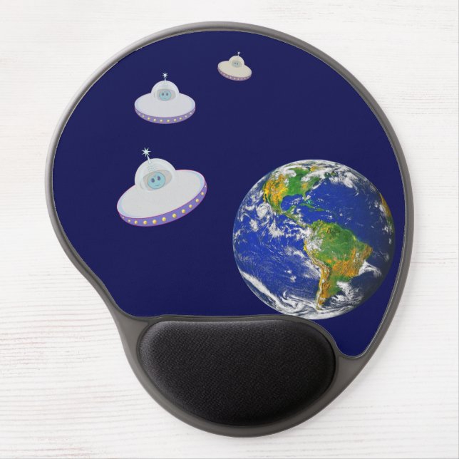 Flying saucers around the world on blue gel mouse pad (Front)