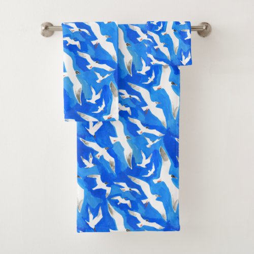 Flying seagulls on sky blue bath towel set