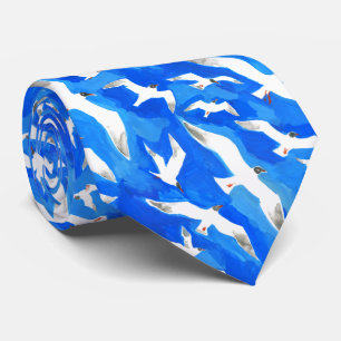 Flying seagulls on sky blue neck tie