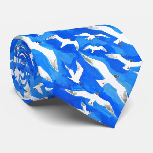 Flying seagulls on sky blue neck tie