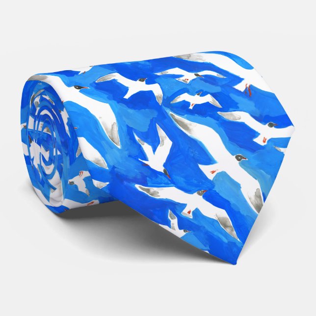 Flying seagulls on sky blue neck tie (Rolled)