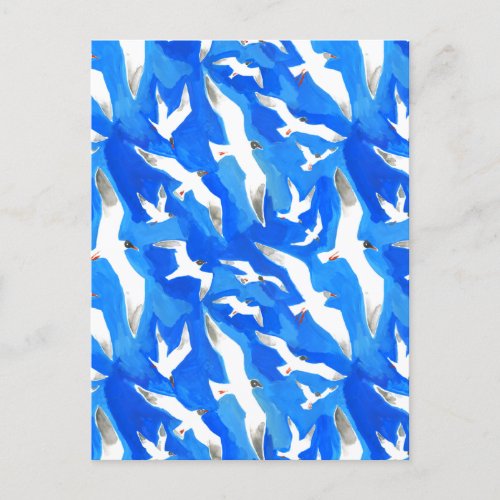 Flying seagulls on sky blue postcard