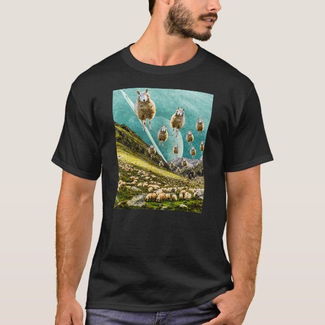 Flying Sheep Funny Surreal Art Collage T-Shirt (Front)