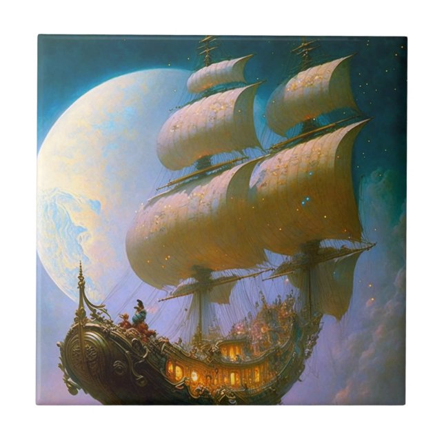 Flying Ship Fantasy Art Ceramic Tile (Front)