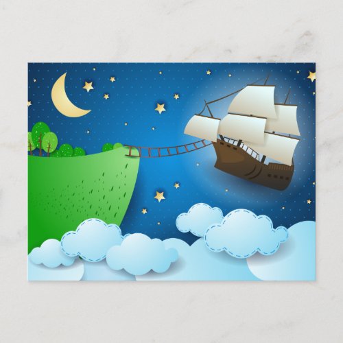 Flying ship on landing postcard