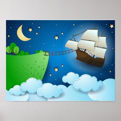 Flying ship on landing poster