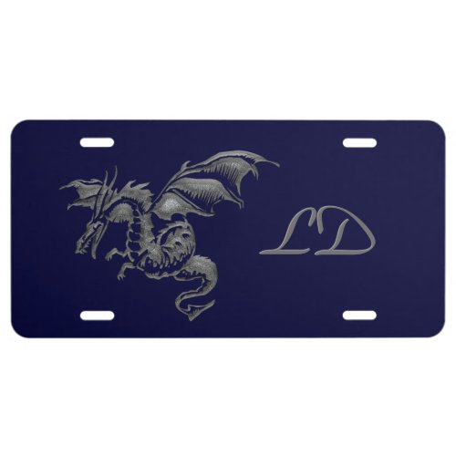 Flying Silver Dragon Monogram Navy License Plate