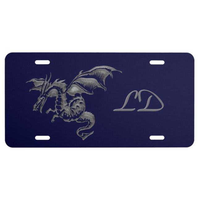 Flying Silver Dragon Monogram Navy License Plate (Front)