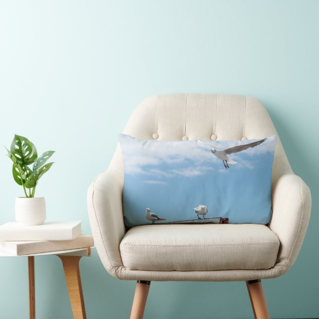 Flying Sitting Seagulls Birds Blue Sky Lumbar Pillow (Chair)
