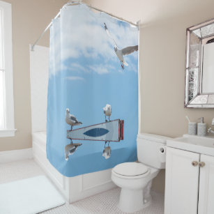 Flying Sitting Seagulls Birds Blue Sky Shower Curtain