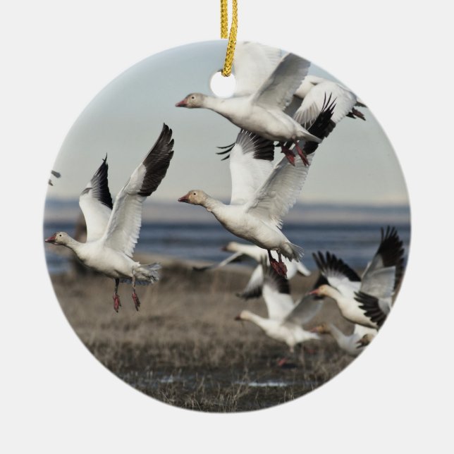 Flying Snow Geese Ceramic Ornament (Front)