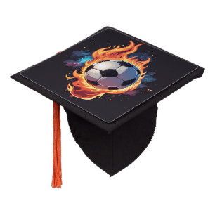 Flying soccer ball with flames graduation cap topper