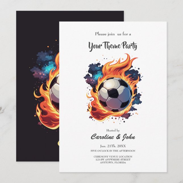 Flying soccer ball with flames.  invitation (Front/Back)