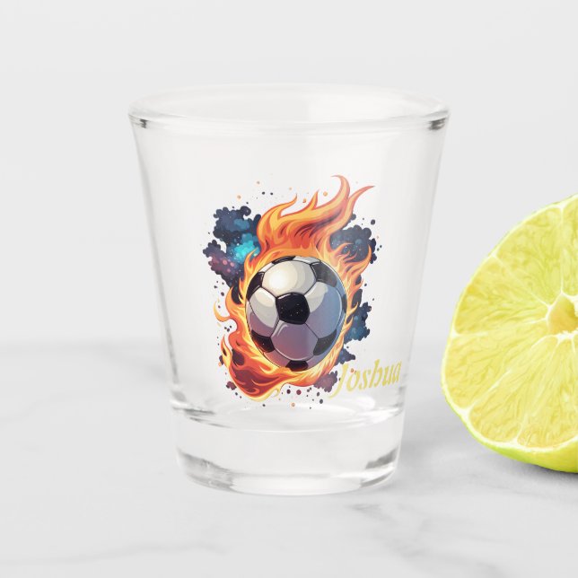 Flying soccer ball with flames.  shot glass (Front)
