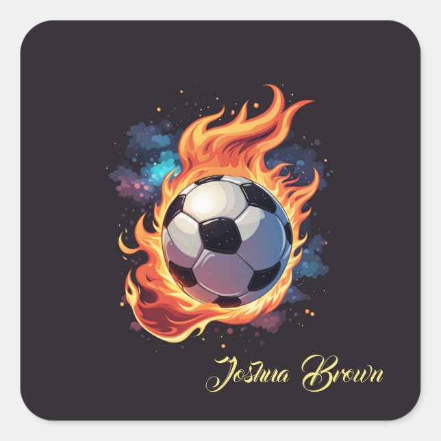 Flying soccer ball with flames.  square sticker (Front)