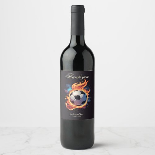 Flying soccer ball with flames  wine label